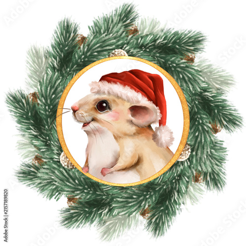 Hand-drawn Illustration of cute mouse in Santa hat, peeking from a Christmas wreath with pine branches, framed by a golden circle
