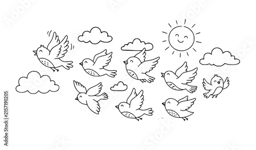 Collection of flying birds among clouds and sun in simple sky scene outline illustration