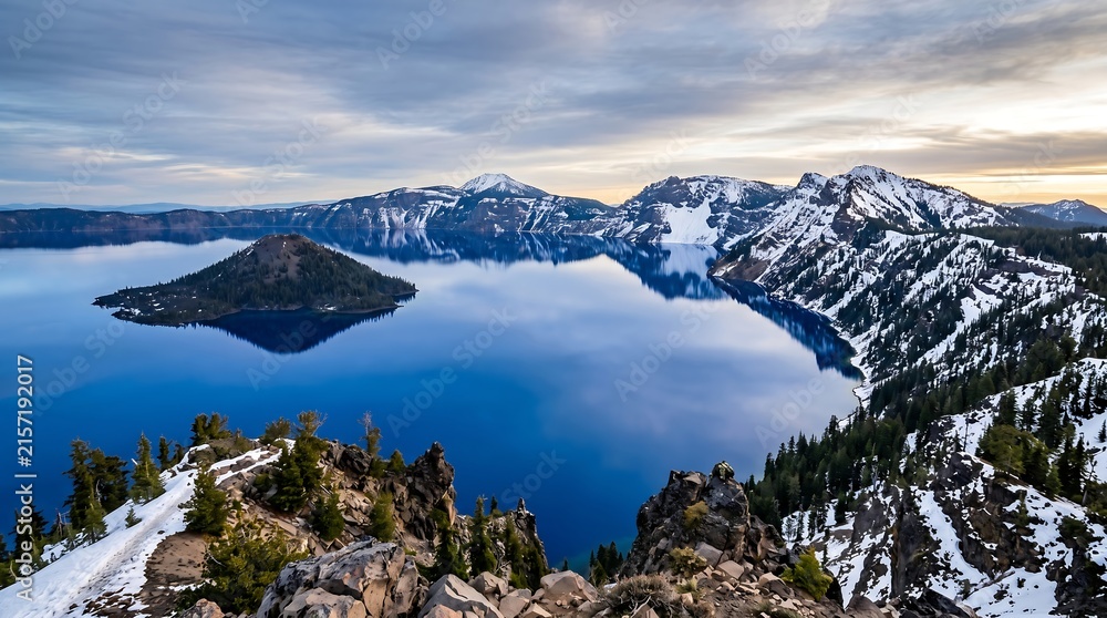 Obraz premium Crater Lake Oregon vivid cobalt blue water with Wizard Island and ring of snow-capped rim.