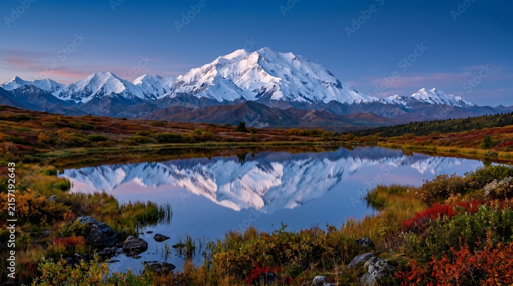 Fototapeta premium Denali National Park Alaska with Denali peak reflected in tundra pond, autumn colors, Ultra High-Definition Background Stock Image.