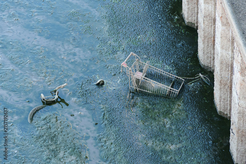 Drought exposes a muddy Rhine riverbed, with abandoned shopping baskets and debris