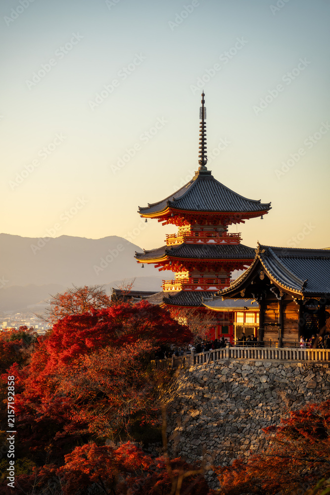 Fototapeta premium Kiyomizu-dera Temple pagoda surrounded by autumn foliage in Kyoto, Japan, 2025
