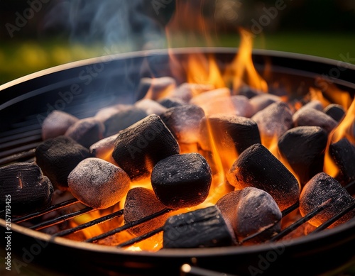 barbecue grill pit with glowing and flaming hot charcoal briquettes close up