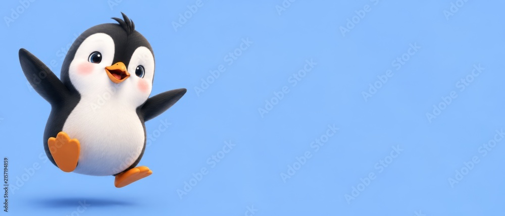 Fototapeta premium Adorable 3D animated penguin baby with big eyes on a clean blue background in banner format.
