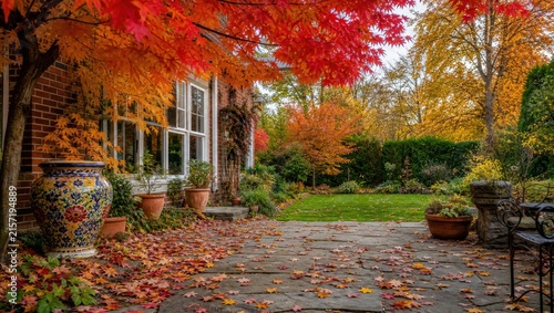 Backyard patio garden landscape during autumn season with vibrant red and orange maple tree leaves.
