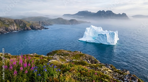 Newfoundland iceberg off Twillingate coast in morning mist, Atlantic Ocean, High-Resolution Travel and Nature Stock Photo.