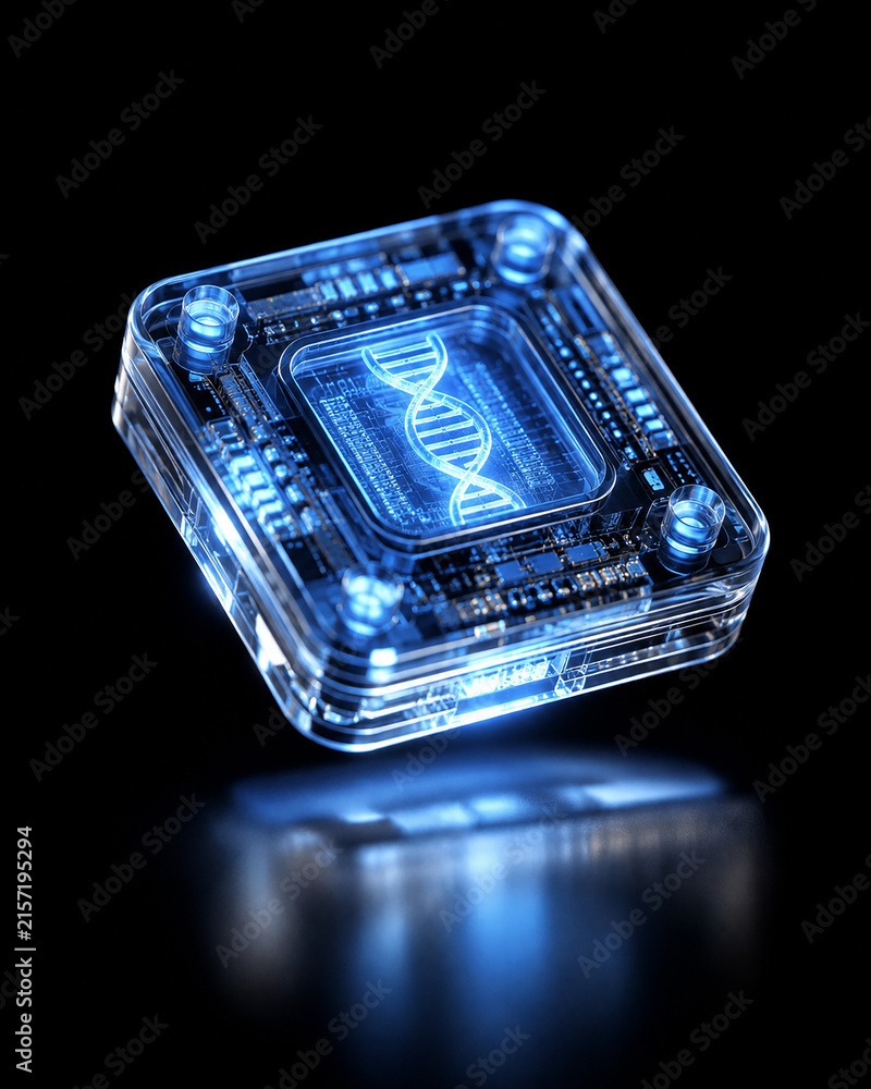 Fototapeta premium Futuristic Biochip and Transparent Microchip with Glowing Blue DNA Strand Helix for Biotechnology and Genetic Research Concept