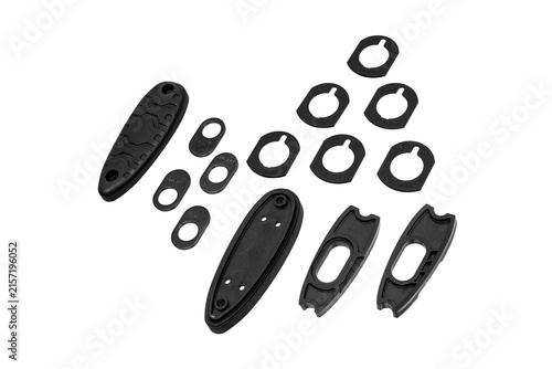Foto Black shotgun recoil pad and stock shim set isolated on white back