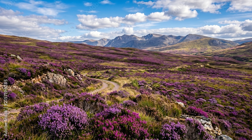 Fototapeta premium Scottish heather moorland in full August purple bloom under blue sky, High-Resolution Travel and Nature Stock Photo.