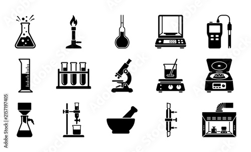 Scientific laboratory equipment icons, 15 black chemistry lab tool vectors, professional research glassware and apparatus set