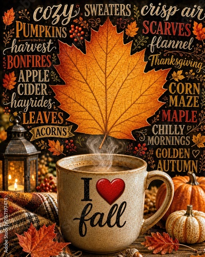 A steaming mug featuring 'I love fall' rests amidst vibrant autumn leaves and pumpkin decor, evoking warmth with inviting words describing the fall season 