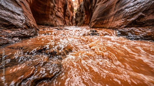 American Southwest slot canyon flash flood - russet reflections in thin water, Ultra High-Definition Background Stock Image.