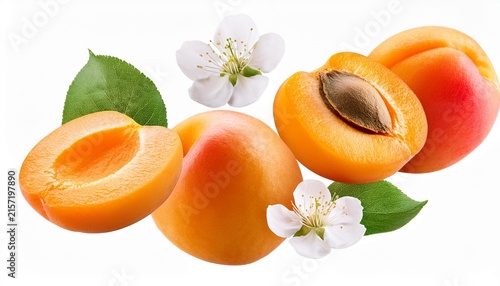 fresh whole and sliced apricots with leaves and flowers in the air isolated on white background