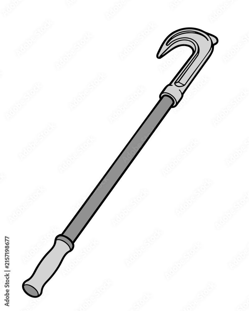 Obraz premium Black and white line drawing of a long handled boat hook utility tool.