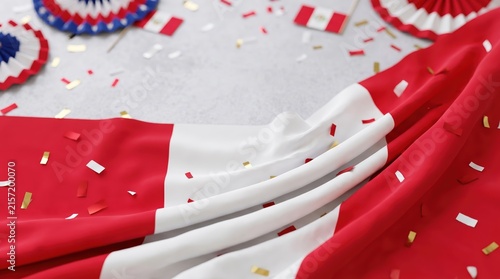 Canadian flag with confetti and patriotic decorations on a white background for celebration and national pride