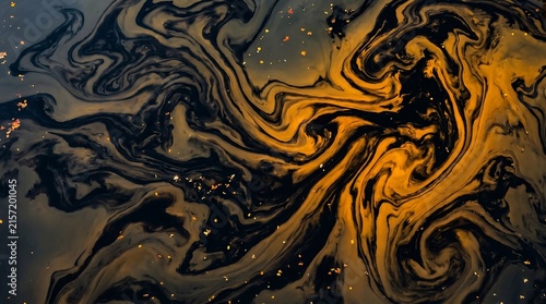 Autumn leaf tannins in still pond - abstract black tannin swirls in water, Ultra High-Definition Background Stock Image.