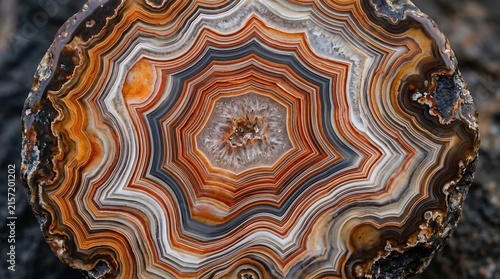 Cross-section of agate gemstone - concentric mineral ring abstract, Professional Editorial Nature Photograph.