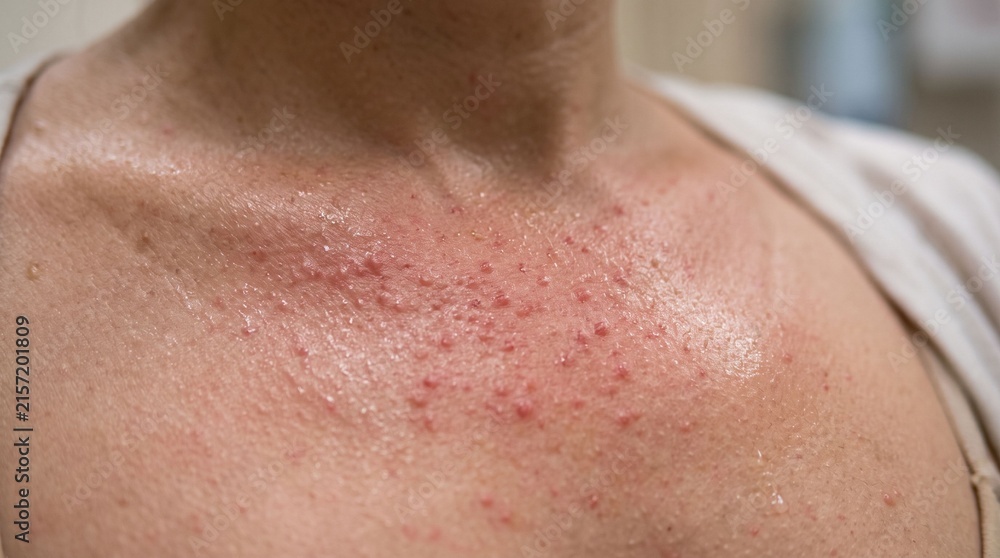 Naklejka premium Woman sweaty chest with red prickly heat rash and miliaria