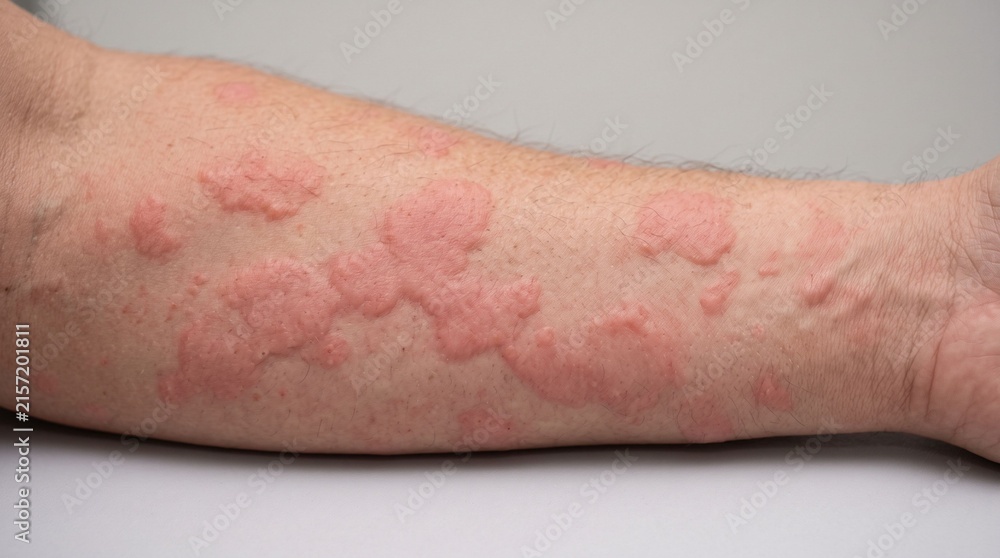 Fototapeta premium Severe allergic hives and urticaria red welts on arm