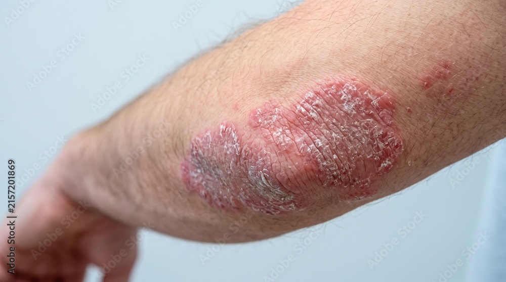 Fototapeta premium Patient showing thick scaly plaque psoriasis patch on elbow