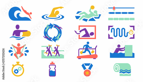 Картината върху платно Collection of colorful flat design icons representing various water sports and a