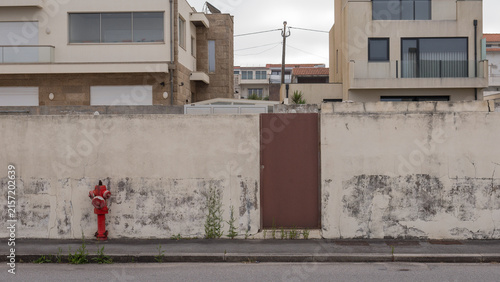 Cuadro en lienzo Red fire hydrant and rusted steel door in a weathered concrete wall on a suburba