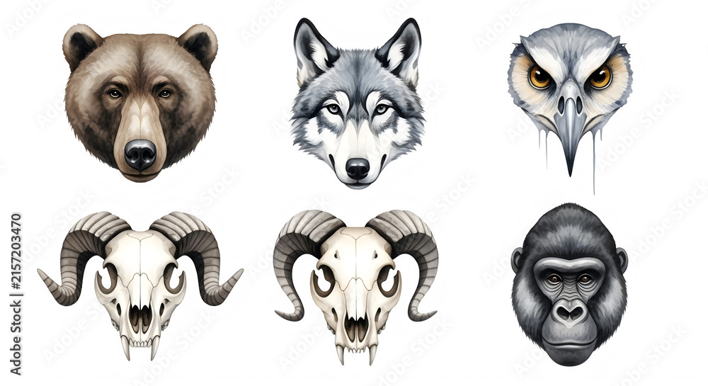 Obraz premium Six stylized animal skull icons in black and white isolated on transparent background