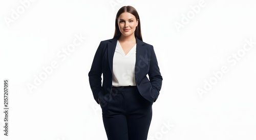 Businesswoman stands confidently in a dark suit against a clean white studio background.