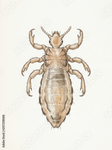 Vertical scientific illustration of a parasitic louse on a white background. Detailed anatomical drawing of head lice insect with claws and segmented body