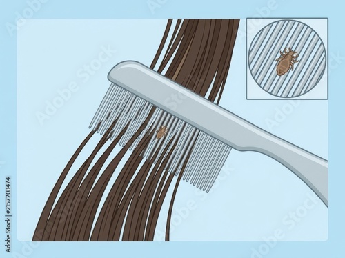 Vector illustration of a nit comb removing a louse from hair. Treatment and prevention of pediculosis. Educational medical diagram