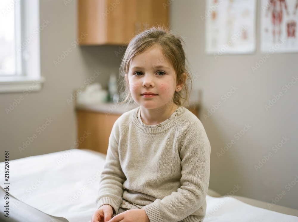 Fototapeta premium Young girl sitting on examination table during medical consultation. Child patient at pediatrician office for health checkup. Healthcare and wellness concept