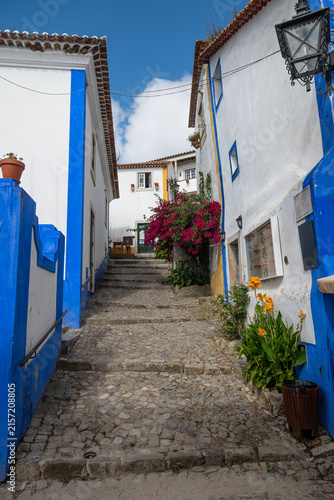 Canvastavla Charming narrow cobbled street with traditional white and blue painted houses and blooming flowers in Obidos, Portugal