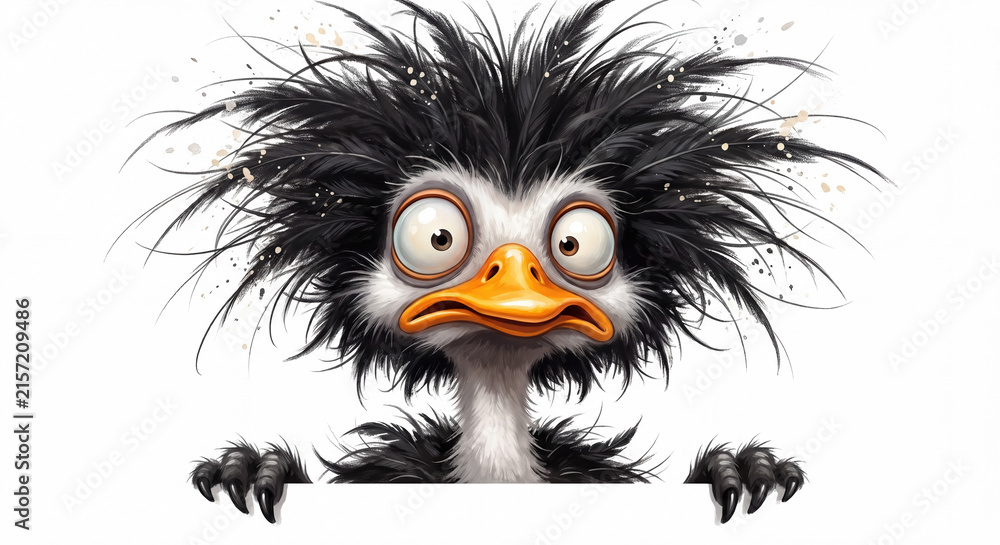 Fototapeta premium Funny cartoon ostrich character with messy crazy black hair and big round eyes peeking over a blank white banner or sign.
