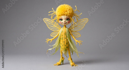 Cute and whimsical 3D corn fairy character with yellow pom-pom hair, leaf wings, and corn husk dress isolated on grey background.