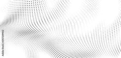 Abstract black halftone wave background with flowing curved dots and futuristic digital surface texture