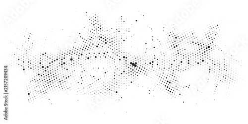 Abstract black halftone wave background with scattered dots and dynamic flowing particle pattern