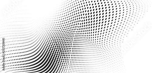 Black halftone wave background with dense oval dots and flowing three dimensional abstract texture