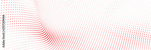 Red halftone wave background with flowing dotted curves and fading abstract digital particle effect