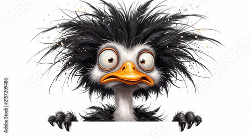 Funny cartoon ostrich character with messy crazy black hair and big round eyes peeking over a blank white banner or sign.
