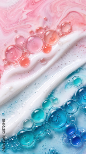 Macro photo of colorful oil liquid bubbles over pink and blue cosmetic cream texture, abstract scientific macro background.