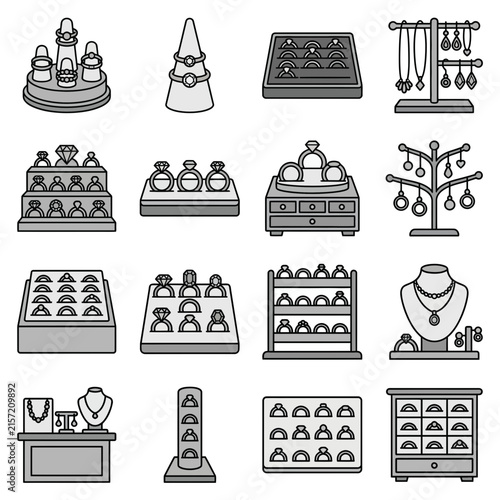Jewelry store display stands and showcase line icons.