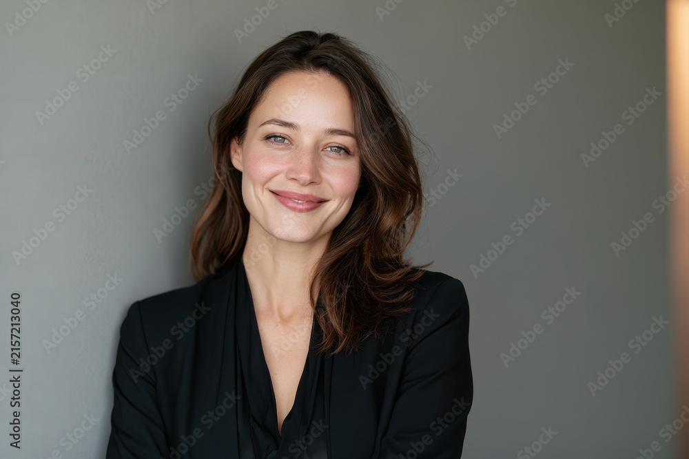 Obraz premium Confident smiling woman in smart casual attire posing beside a gray wall for a corporate portrait