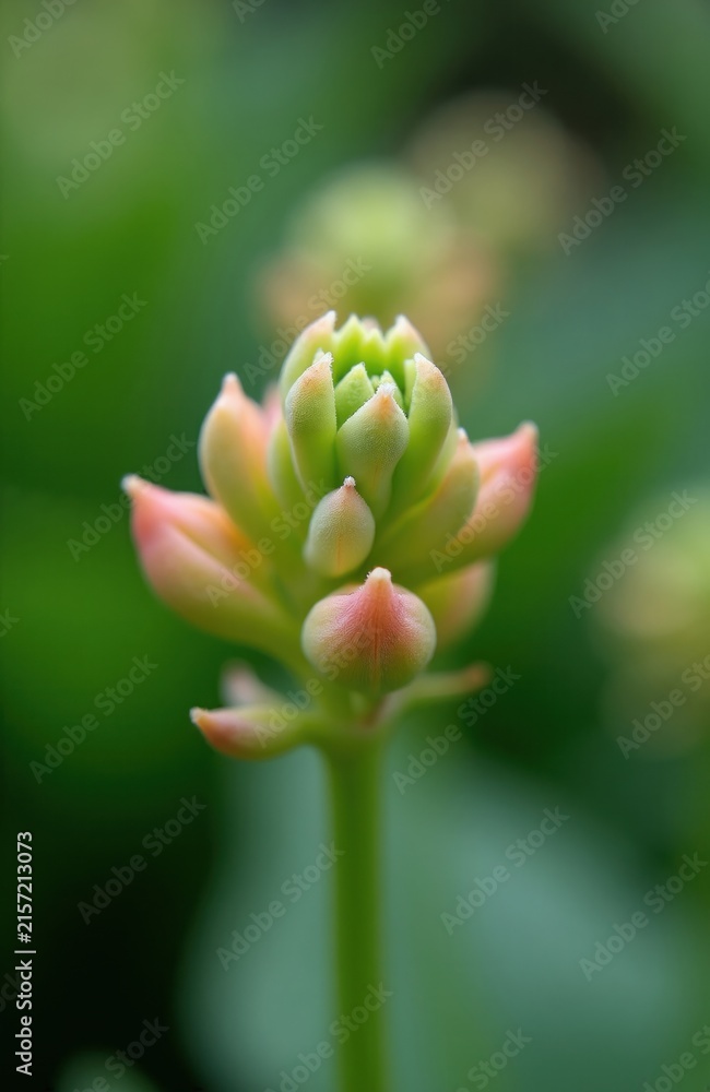 Fototapeta premium Small Pachyveria Glauca flower bud grows in garden. Succulent plant with green, orange leaves opens in spring season. Close up view shows botany detail of exotic hybrid bloom outdoors. Nature macro
