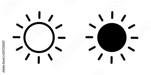 Black and white sun icons with sunshine rays for weather and light design
