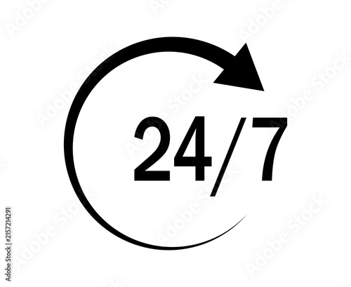Black 24 7 icon with a circular arrow symbol representing continuous service and support
