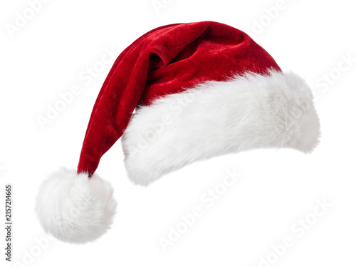 Red santa hat with white trim on transparent background