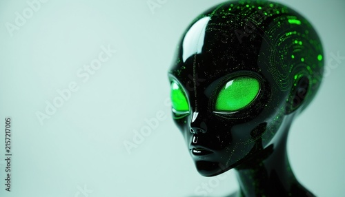Shiny black alien head features glowing green digital patterns, bright luminous eyes. Futuristic robotic character design shows abstract tech elements on surface. Modern science fiction portrait
