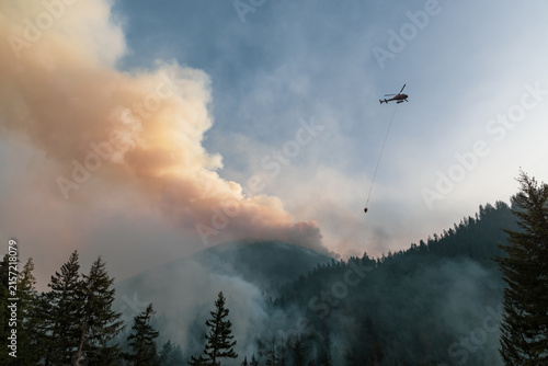 Quadro su tela Helicopter Fighting Mountain Wildfire Over Smoke Filled Forest Near Hope, BC Can