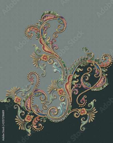 фотографія Traditional Indian Zardozi style embroidered paisley and floral corner motif with watercolor fill