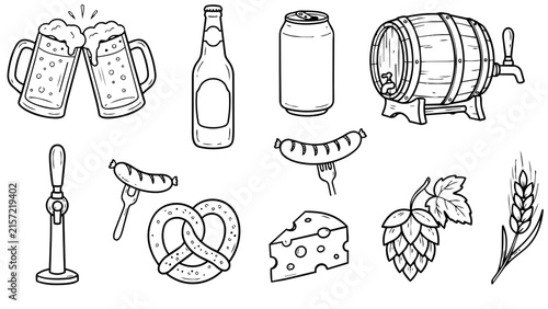 Doodle set of beer and Oktoberfest elements, hand drawn vector icons and black line art illustration for pub menu design.
